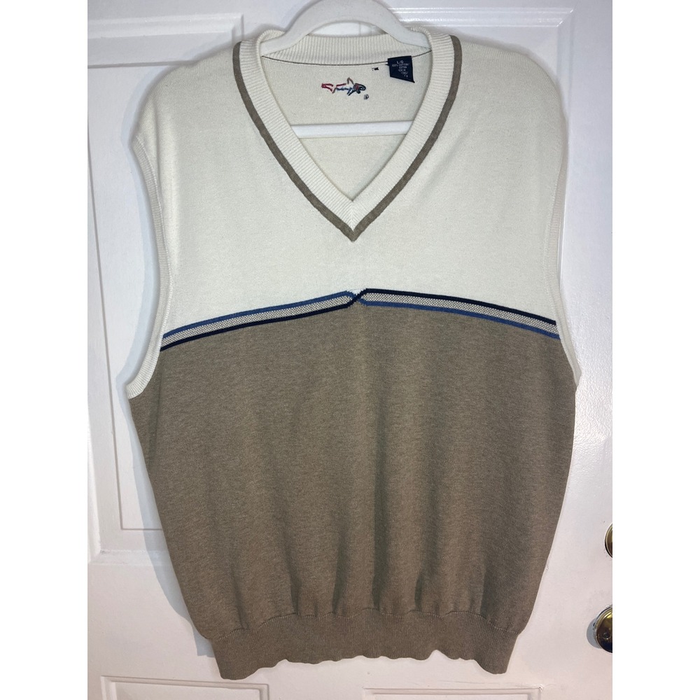 Greg Norman Cream Taupe Cotton Golf Sweater Vest Shark Logo V‑Neck Men's Large